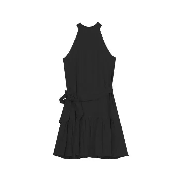 French Style Off-Shoulder Blue Summer Dress Women's Fashion Knot Waist A- Line Mini Skirt Black Short Skirt Sleeveless Gown