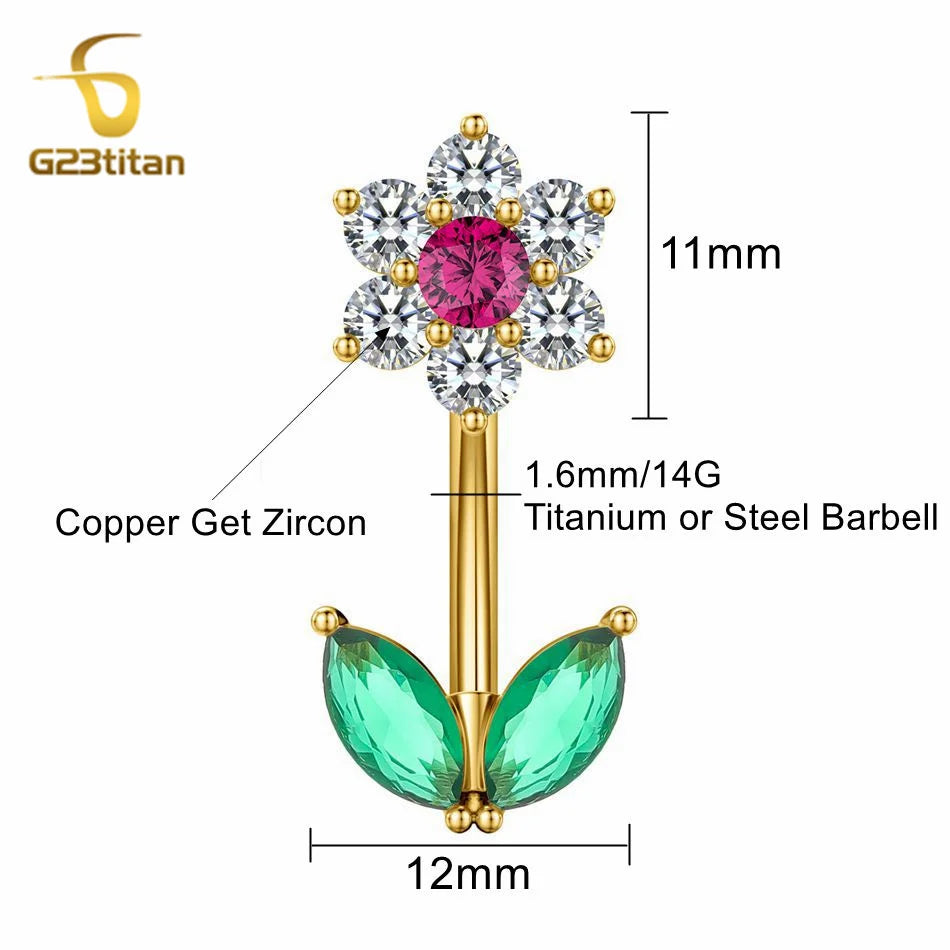 G23titan 14G Zircon Flower Barbell Belly Button Ring Women Body Sexy Navel Piercing Anti Allergic Jewelry Accessories Ombligo