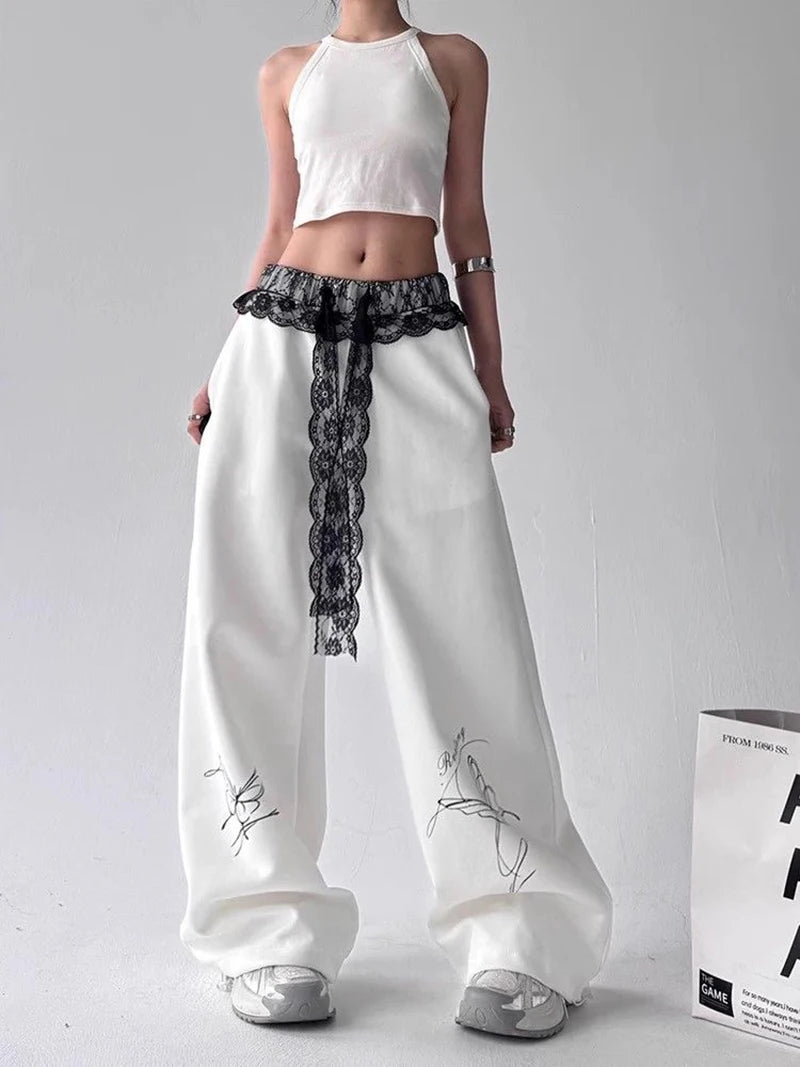 Zoki Vintage Bufferfly Y2K Sweatpants Women Loose High Waist Lace Patchwork Pants Streetwear Retro Casual Bf Harajuku Trousers
