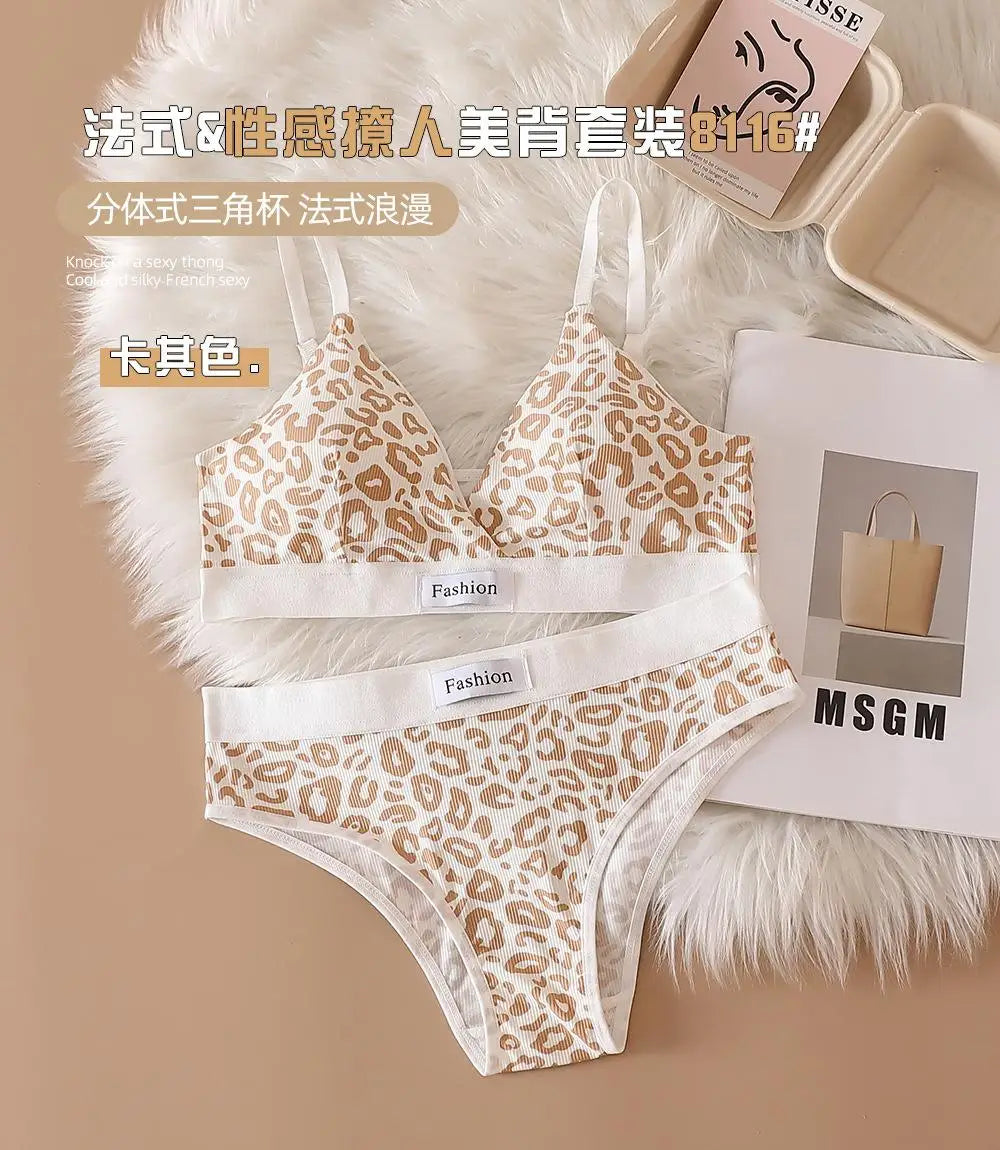Bra Set Euro-American Sexy Leopard Print Seamless Steel Ring Bra French Adjustable Shoulder Straps Beautiful Back Underwear Set