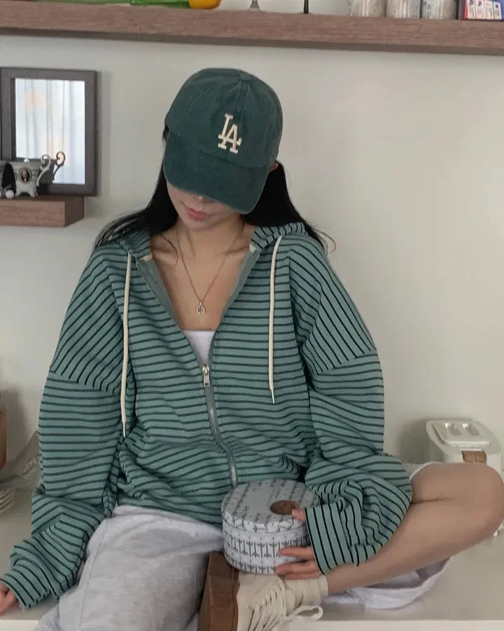 Spring 2025 Women's Chic Loose Casual Lazy Sle Striped Hooded Jaet with ket Open Cardigan Sweatirt Comfortable Fit