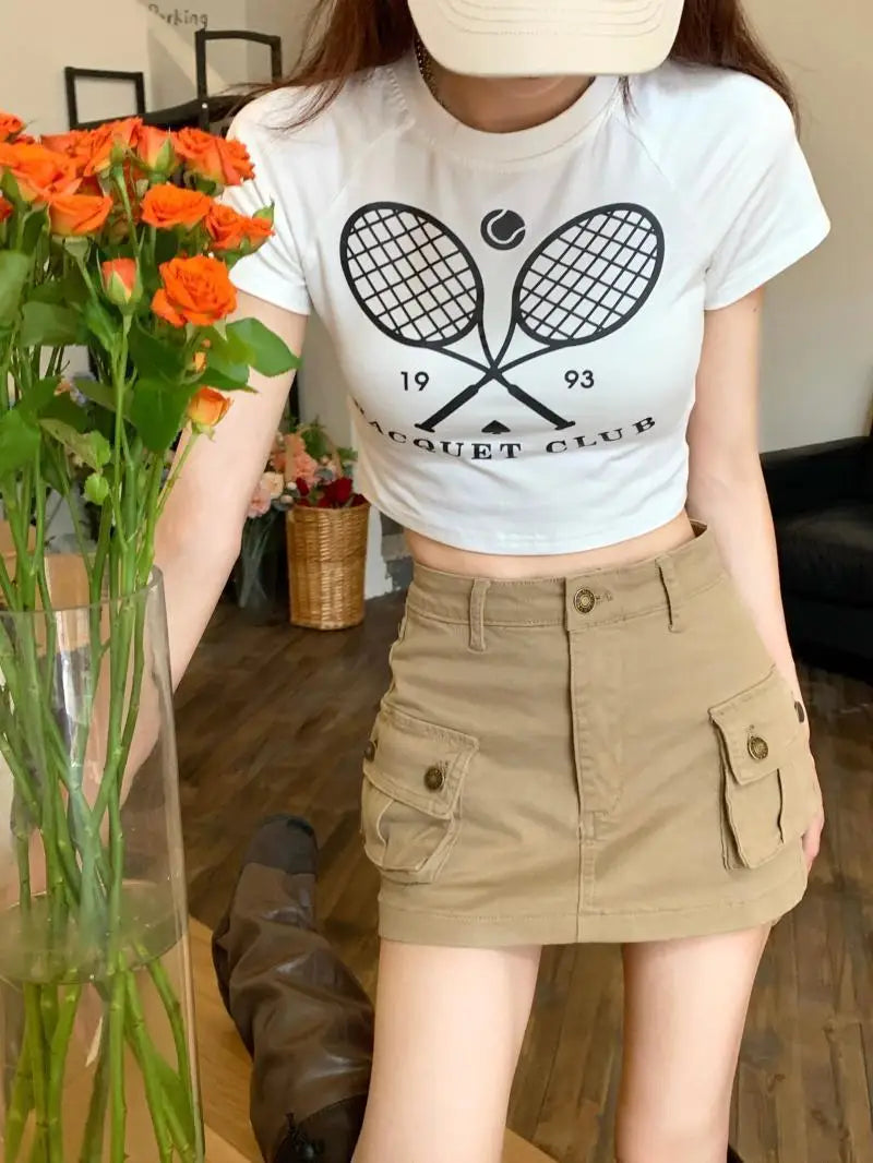 2025 new cargo khaki skirts with pocket woman streetwear clothing women's skirt korea straight skirt women high-waist A-line