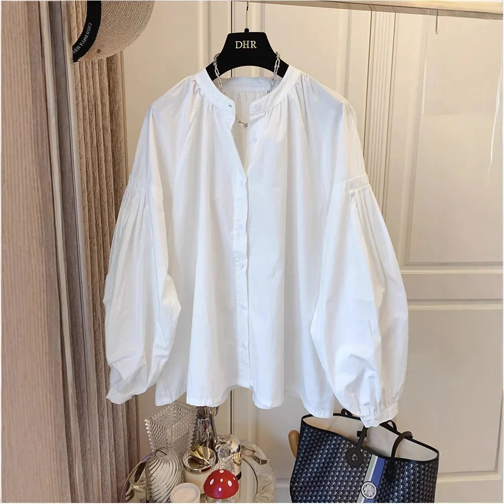 Korean Chic Stand Collar Lantern Sleeve Shirt Casual Loose Design Lazy Shirt Folded Women's Button up Cotton Blend Shirt