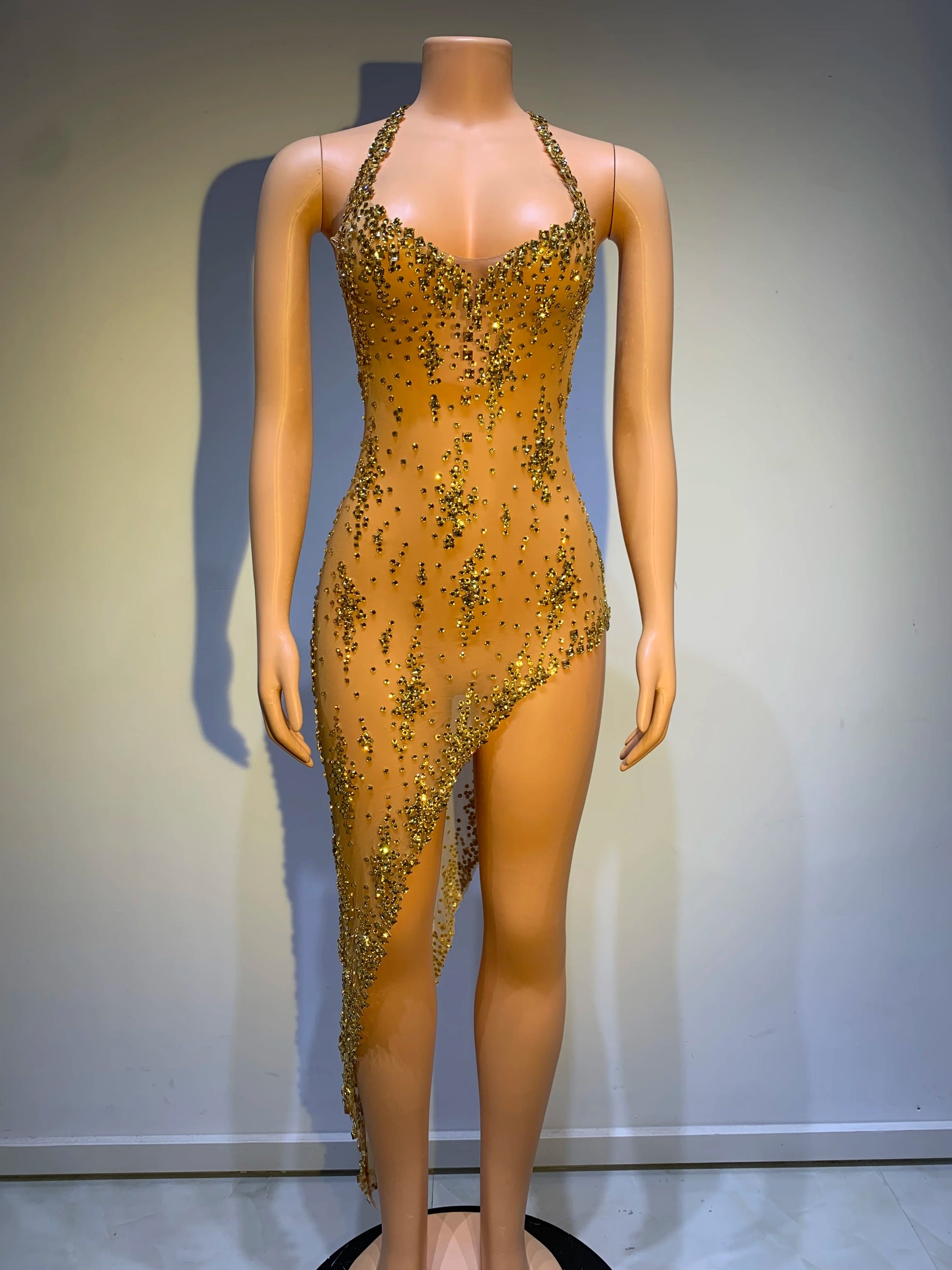 Sparkly Rhinestone V Neck Stretch Mesh Sexy See Through Dress Women 2024 Designer Party Celebrate Performance Costume Stage Wear
