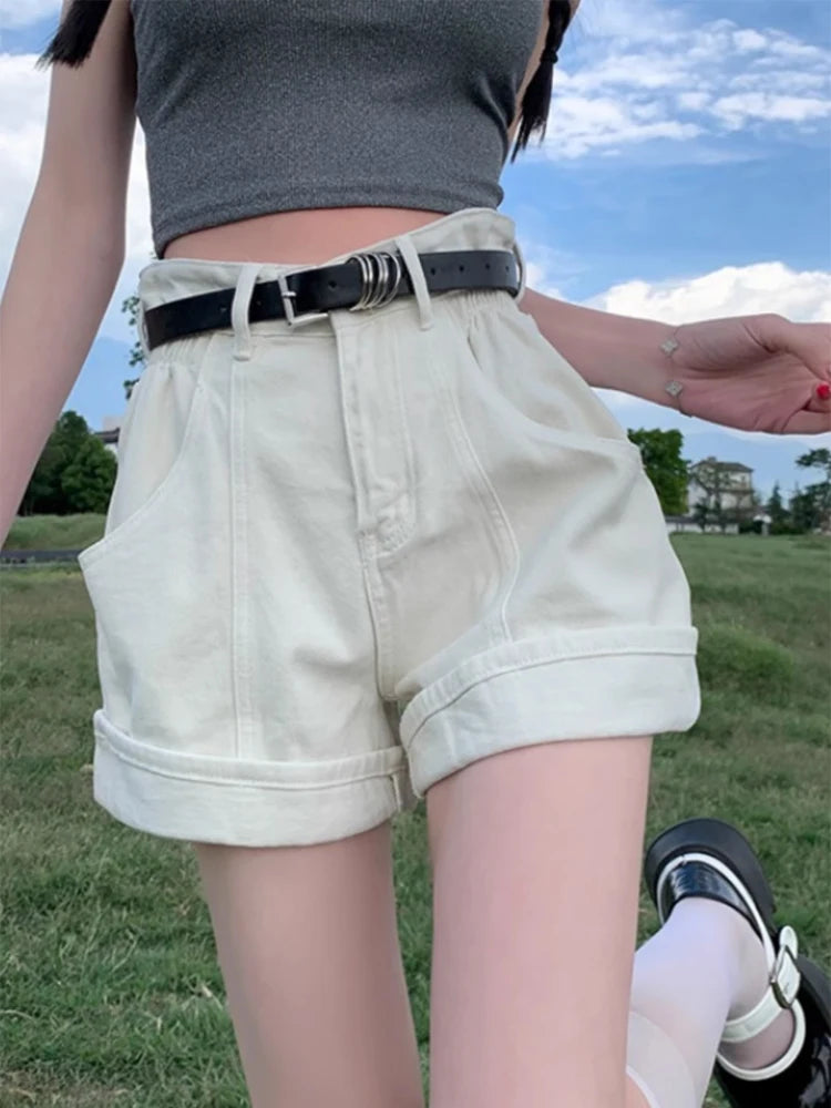 Women's Wine Red Denim Shorts High Waist Wide Shorts Harajuku Streetwear Korean Style Y2k Casual Blue A Line Jean Shorts Summer