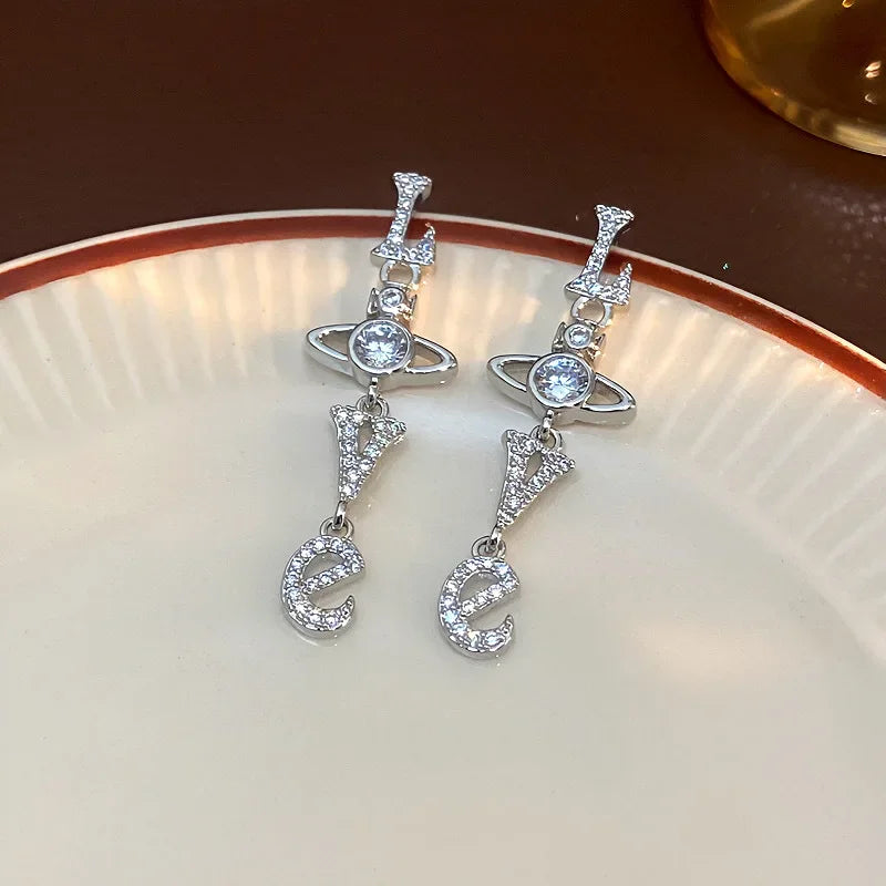 Fashionable Long Tassel Earrings with Love Letter Zirconia Stones Women's Elegant Drop Earrings Chinese Style Saturn Personality