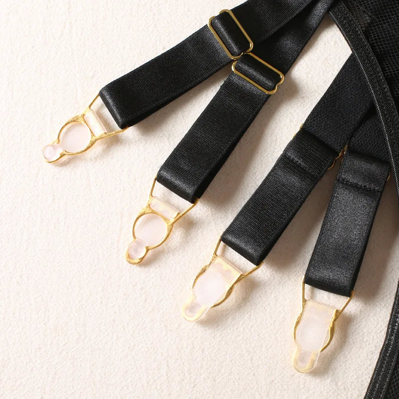 Cross-border new black mesh heavy-duty push-up bra with steel ring garter belt sexy sister lingerie set neck strap