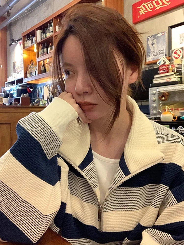 American Sle Oversize Loose Sweatirt High Collar f Zip Striped Men Women Spring Autumn Casual Outerwear Coat