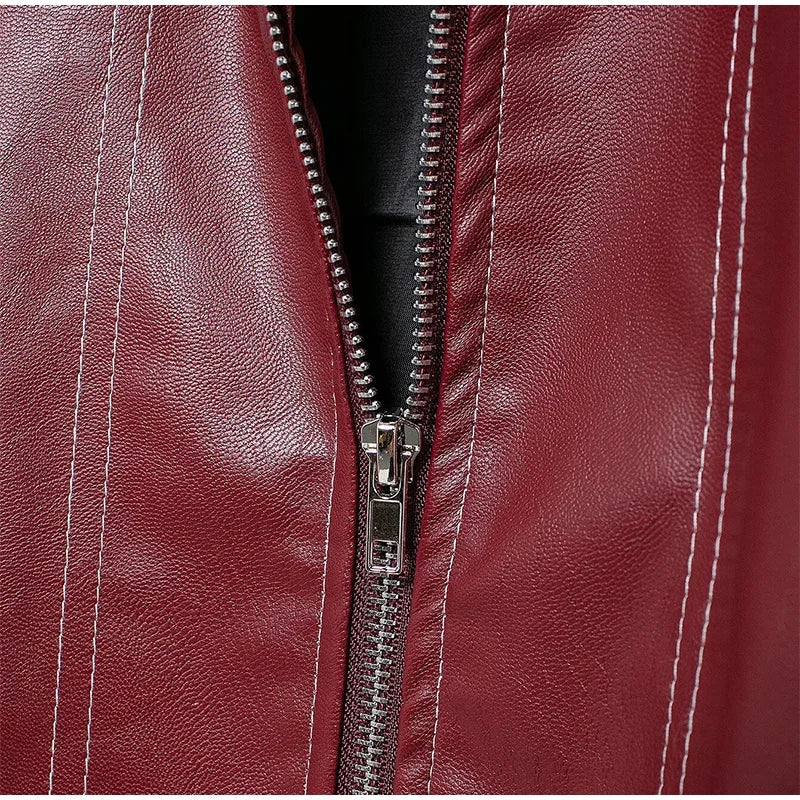 Women's Artificial Leather Short Jacket Retro Red Linen Coat Spliced Zipper Jacket Autumn Women's Lapel Pocket Street Sportswear