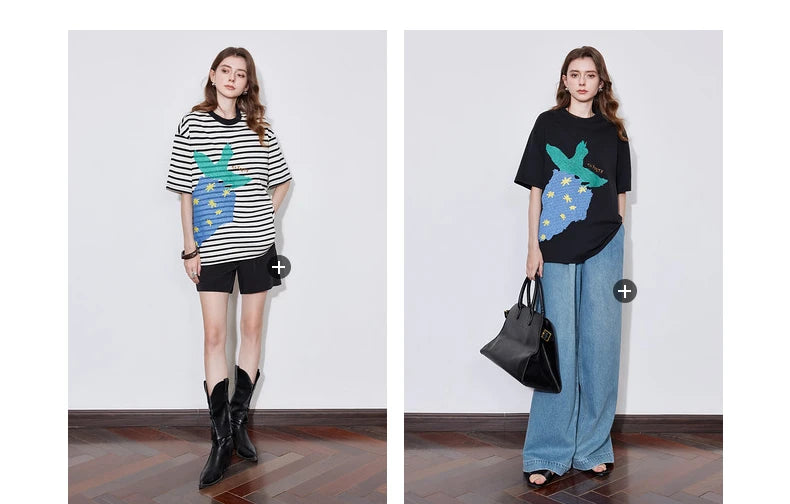 TOYOUTH Women Short Sleeve T-shirt 2025 Spring New Striped Strawberry Embroidered Round Neck Loose Pullover Tops