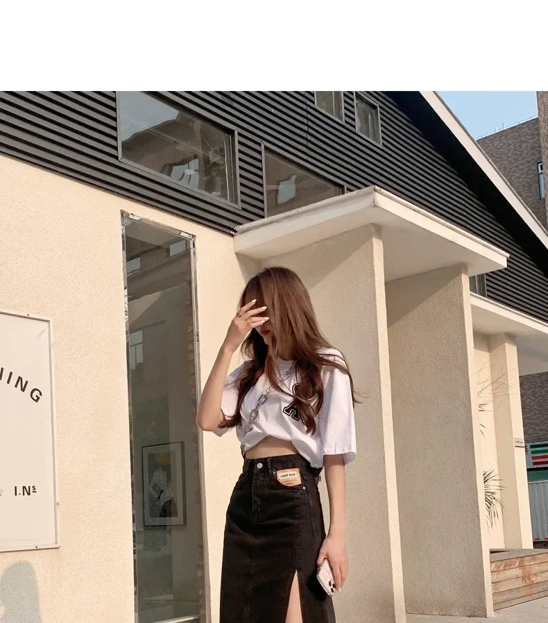 Mid-Length Denim Mini Skirt for Women High Waist Slimming Split Knee-Length Summer Trendy Cotton Half Body Skirts