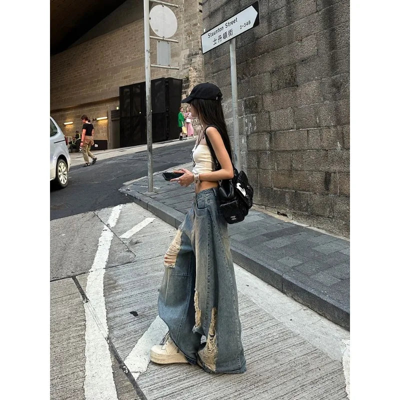 American Style Distressed Washed Jeans Women Summer Y2k Streetwear High Waist Hip Hop Wide Leg Pants 2025 New Casual Loose Jeans