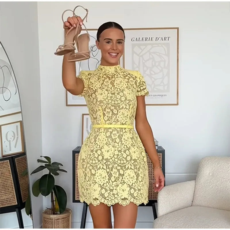 Chic Butter Yellow Lace Print Mini Dress Women's Elegant Short Sleeve O-neck High Waist Gowns 2025 Lady Holidays Street Vestidos