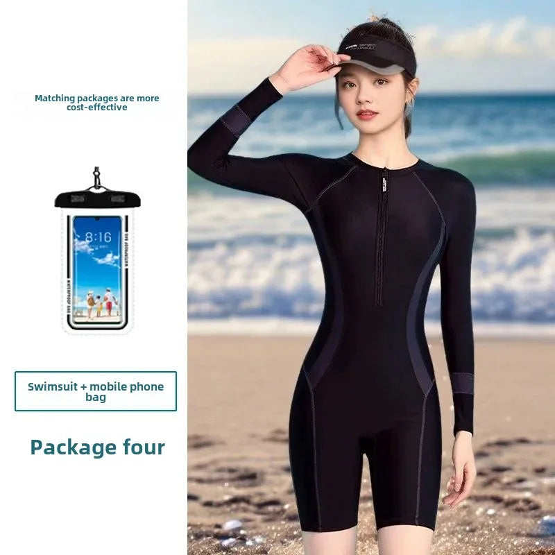 Conservative One-Piece Swimsuit for Women Long Sleeve Thermal Spa Swimwear Slimming Hide Meat Effect Surfing Thermal Spa Swimsui