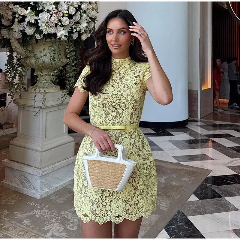 Chic Butter Yellow Lace Print Mini Dress Women's Elegant Short Sleeve O-neck High Waist Gowns 2025 Lady Holidays Street Vestidos
