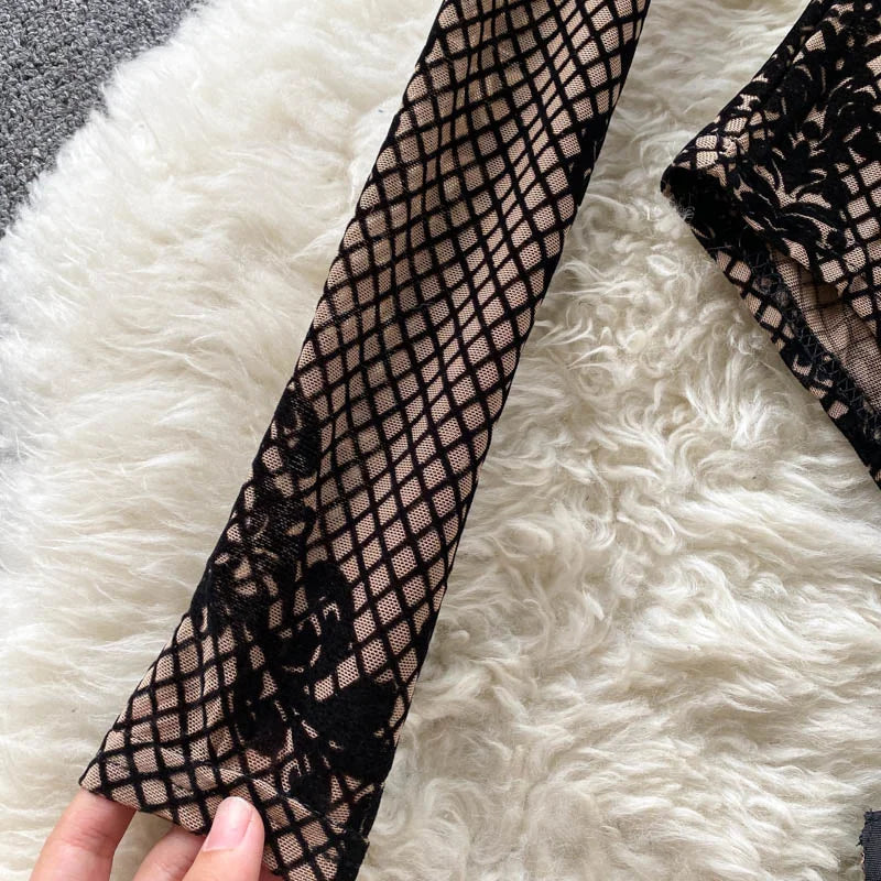 Autumn New Floral Print Bodysuit for Women Fashion Streetwear Elegant Stand Collar Long Sleeve Tight Fit Mesh Body Top Chic 2024