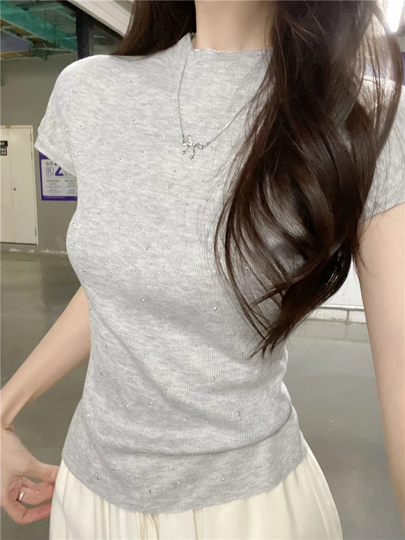 Blue Bead Knitted Top Women's Slim Fit ort Sve round Ne T-irt Summer 2025 New Design Commute Sle Knittedwear