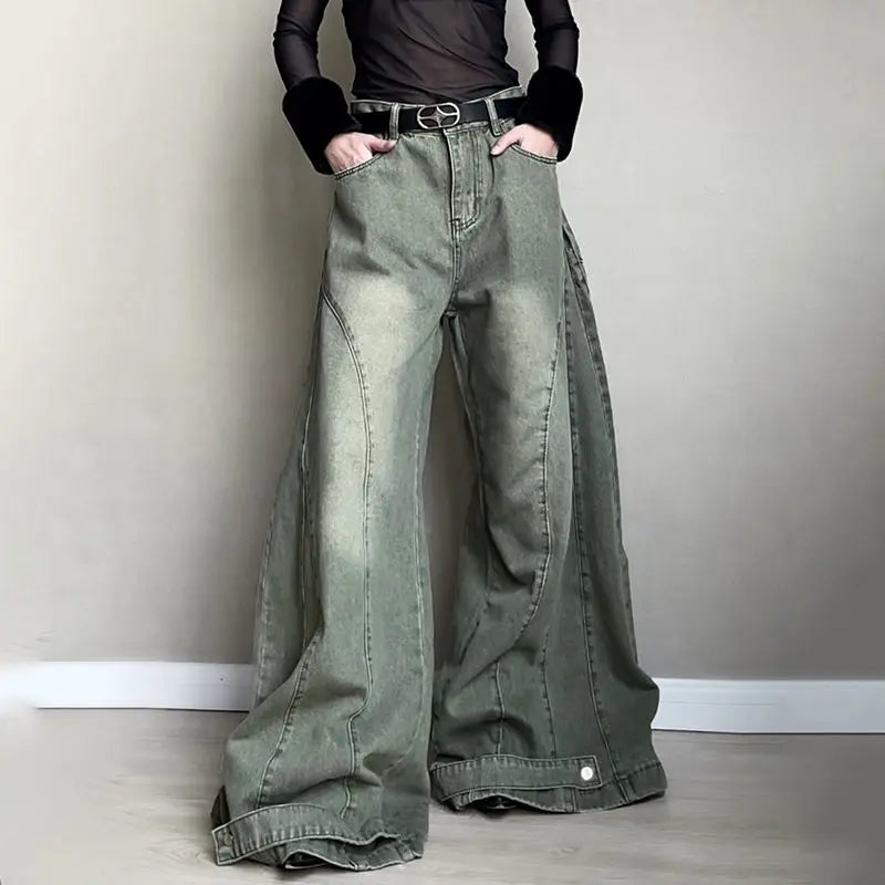 Retro Fashion Old-segmented Denim Cargo Pants Low Waist Loose American Street Harajuku Casual Jeans Women Unisex Wide-leg Pants