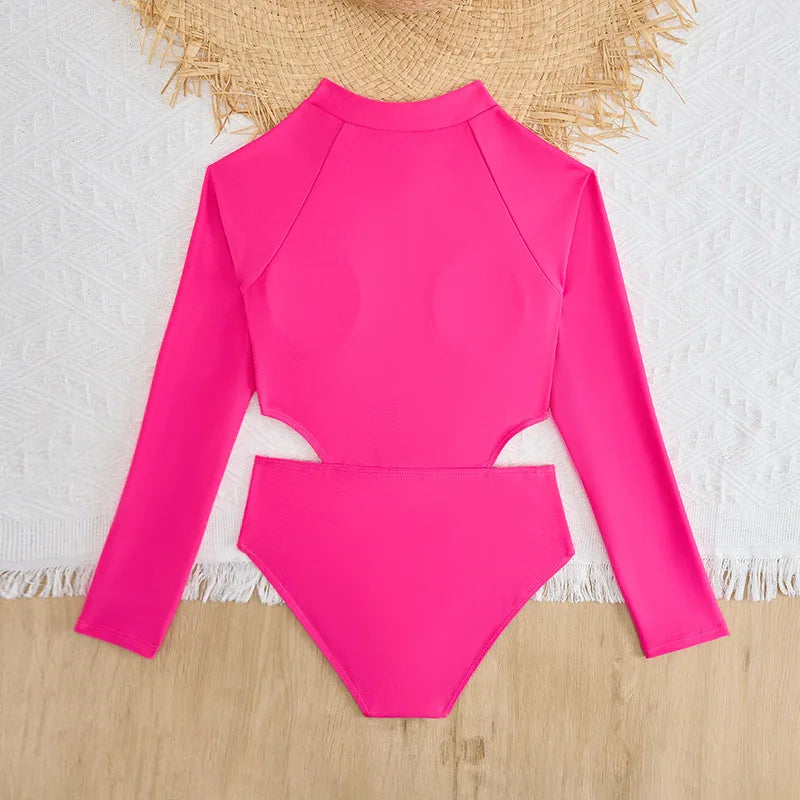 Pink Girls One Piece Swimsuit 8-12 Year Kids Swim Suit Teenage Children's Swimwear 2024 Zipper Surfing Bathing Suits Beach Wear