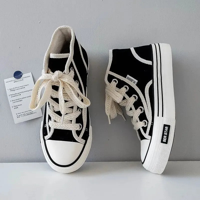 Spring 2025 Women's Canvas Sneakers High-Top Sporty Casual Shoes Student Fashion Trendy Design Synthetic Inner Rubber Sole