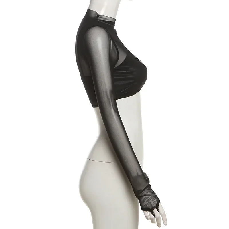 See Through Y2k Clothes Hollow Out Mesh Crop Top Skinny Camisole Mini Ropa De Mujer Rave Outfits 2 Pcs Set T Shirts For Women