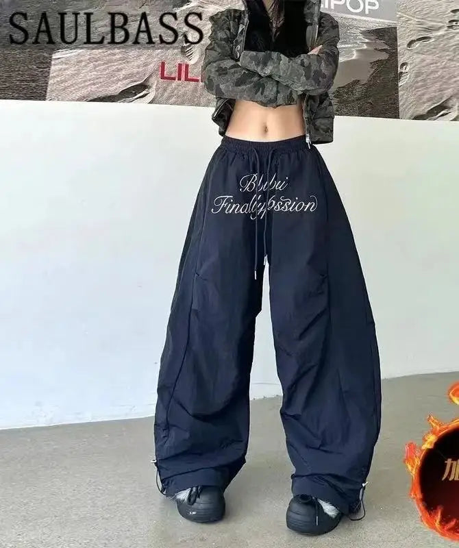 Men's Letter Casual Pants Loose Trend Elastic American Retro Couple Mopping Pants Plus Size Sports Lightweight Hip Hop Slacks