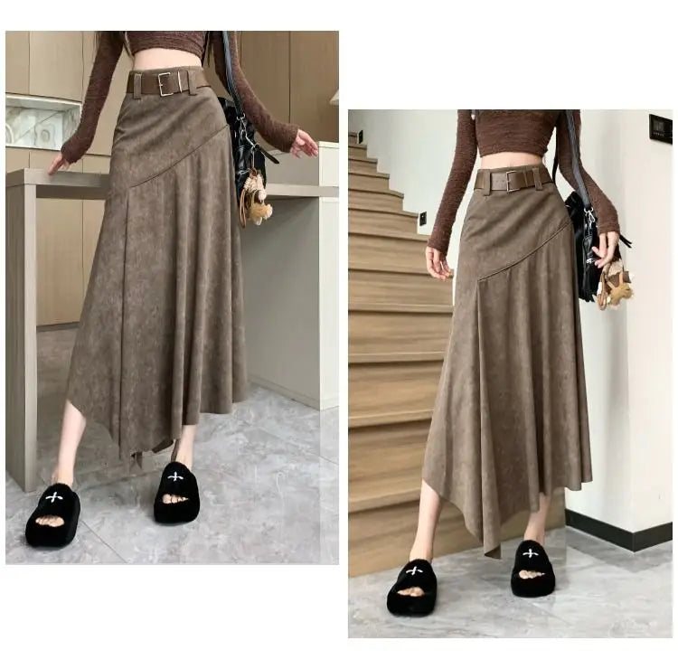 Women Clothing Autumn Korean Fashion Vintage High Waist Asymmetrical Skirts Female Elegant Chic Tie Dye Slim Long Skirt Faldas