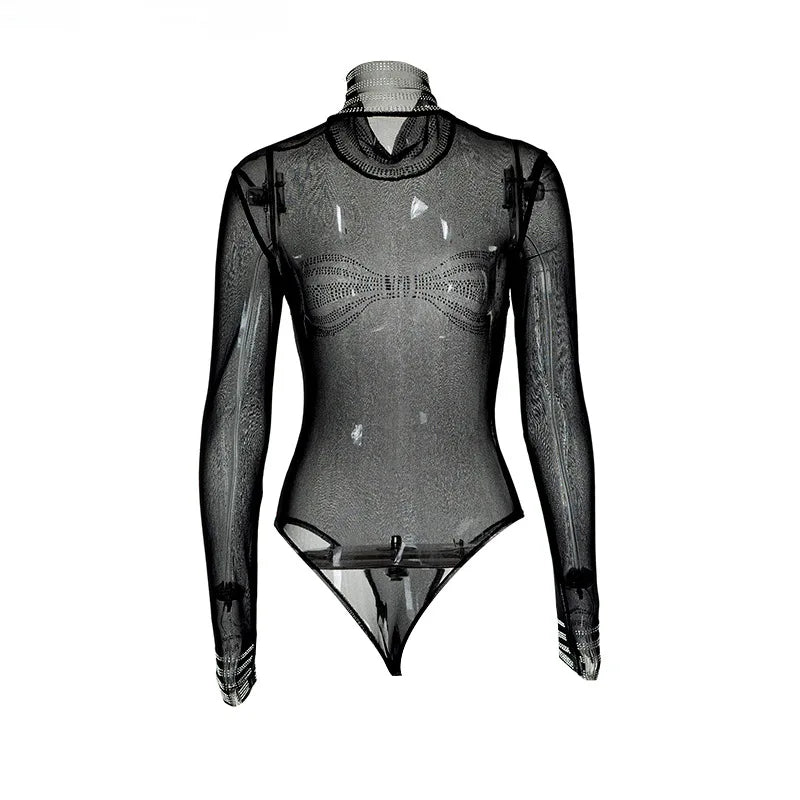 Sexy Bodysuit Lingerie Applique One-Pieces Body Feminino See Through Black Top Women Rave Outfit Turtleneck Lenceria Tranparente