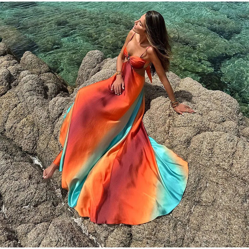 Summer New Colorful Print Beach Dress For Women Sexy Hollow Out High Waist Pleated Maxi Dresses 2025 Vocation Female Vestidos
