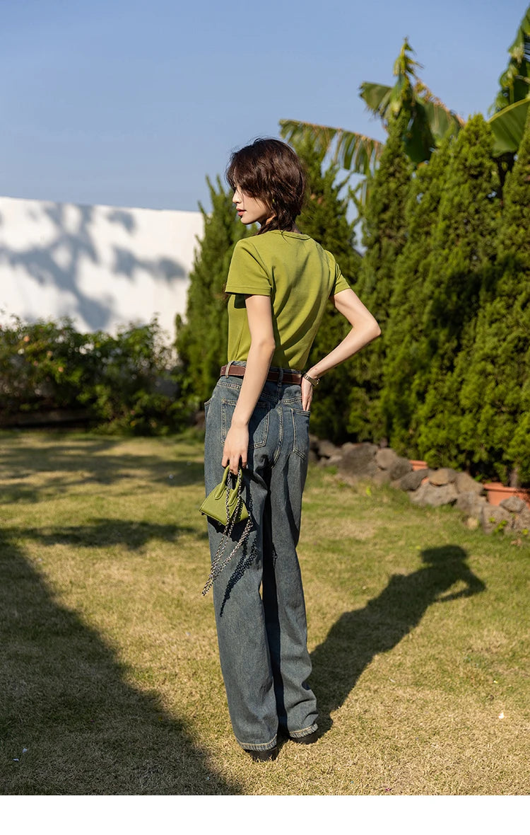 MISHOW Short Sleeve T-shirts Women Spring Solid Square-neck Top Elegant Woman Clothes Office Lady Cotton Tees MXC12T0641