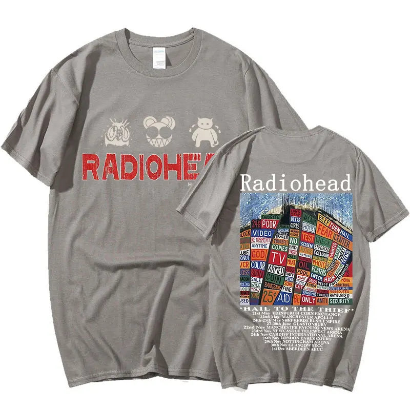 Radiohead Vintage Print T Shirt Men's Oversized 100% Cotton Unisex T-shirts Hip Hop Rock Band Hail To The Thief Music Album Tees