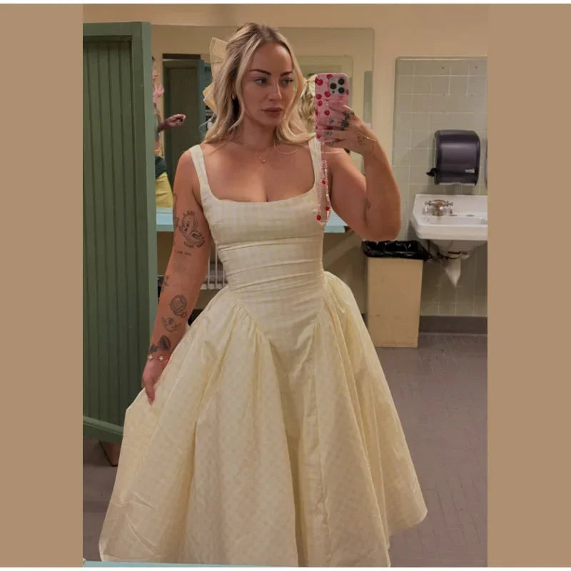 Women Fashion Plaids Pleated High Waist A-line Dress Elegant Sleeveless Backless Slim Long Dresses Summer New Party Streetwear