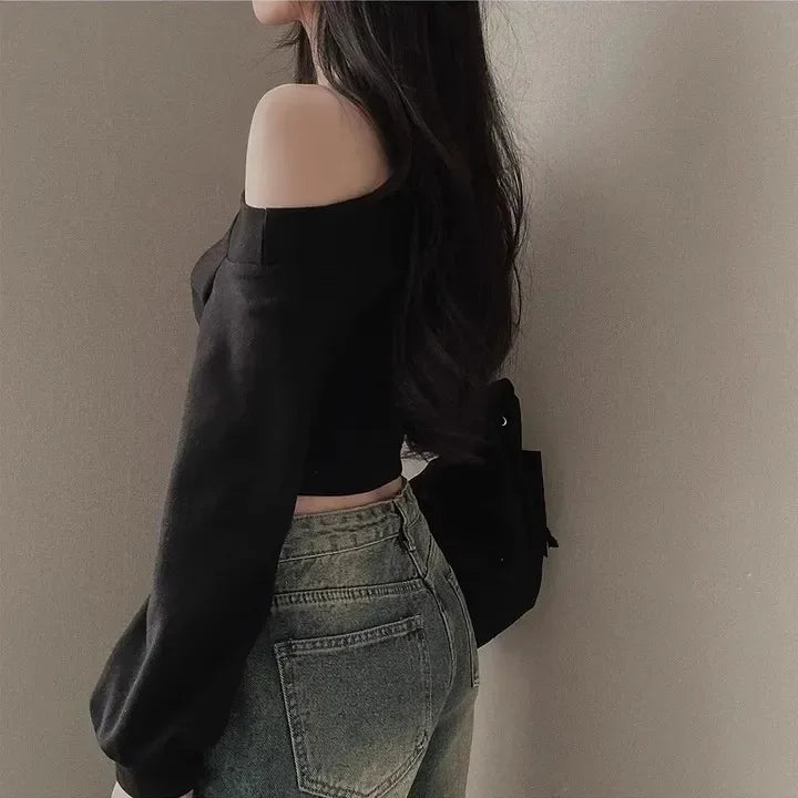 Women's Autumn Off-the-shoulder Sweatshirt Cropped Top Embroidery Loose-fit Windy Sweet Girl Hoodies Thin Material