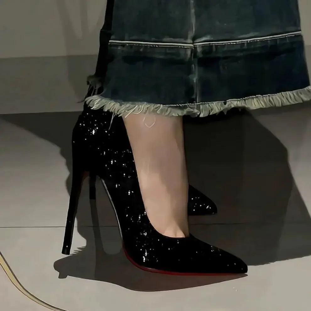 Black Pointed Toe High Heels Full of Diamonds Shiny Sequins Mid Heel Women's Shoes Spring Autumn Season Casual PU Leather
