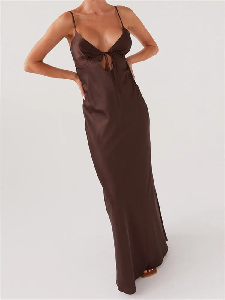 CHRONSTYLE Women Dresses Solid Color Sleeveless Strap V-neck Front Tie-Up Backless Long Dress Summer Slim Casual Female Vestidos