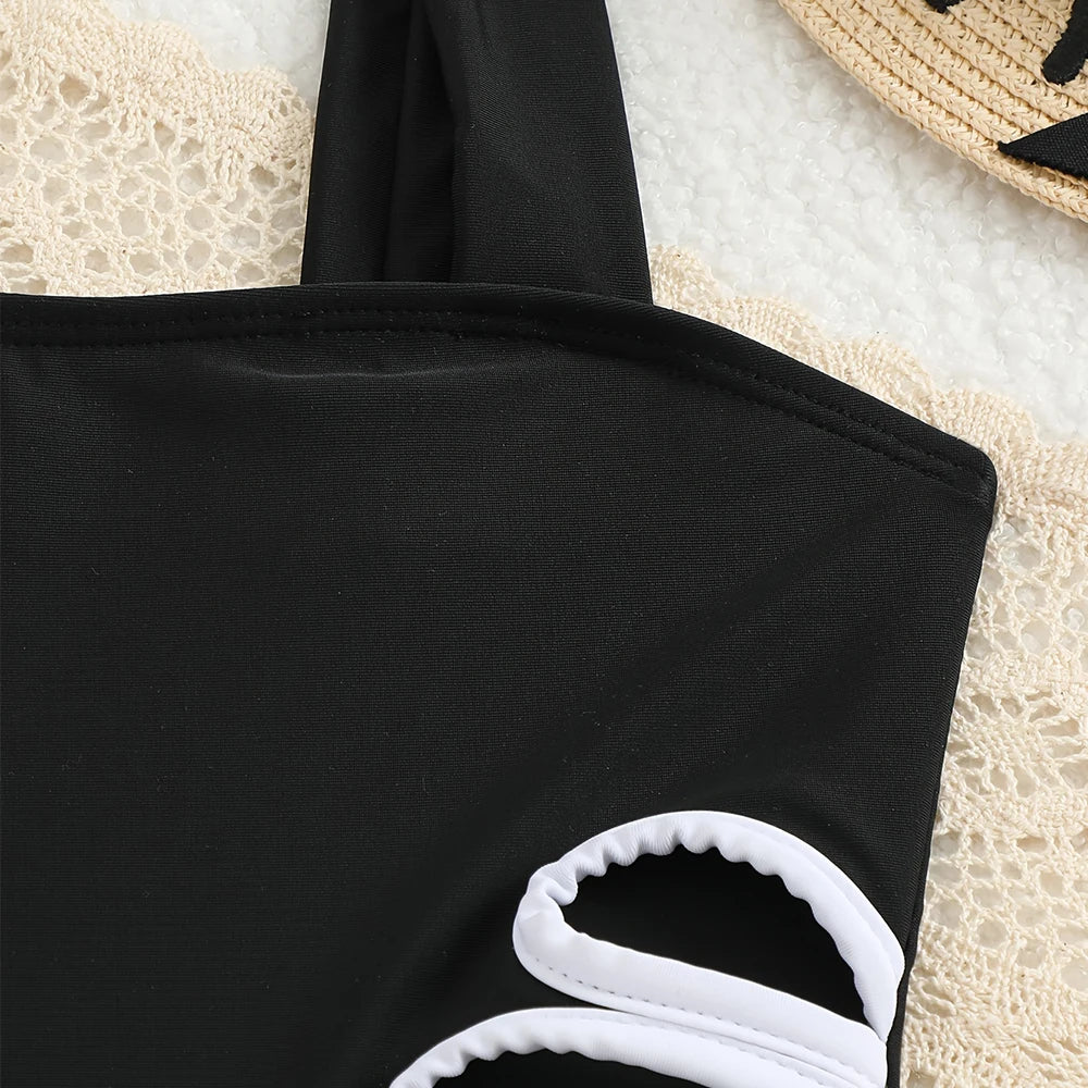 Summer Girls' Swimwear Children's One-Piece Swimsuit with Hollow Design Wide Straps for 8-12Years Older Youngsters Beach Wear