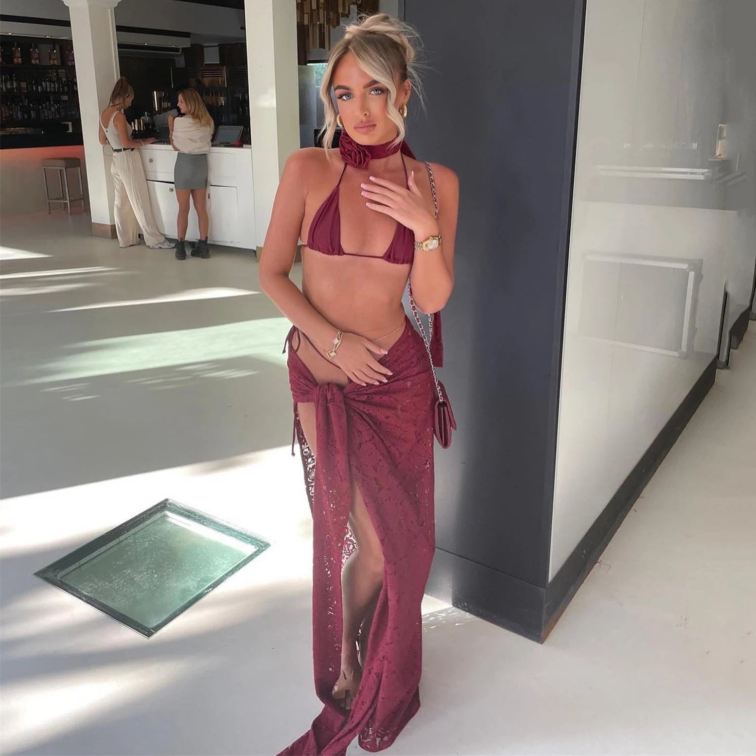 3Packs Flower Bikini With Beach Skirt Lace Up Swimsuit Women Sexy Swimwear Female Crochet Dress Bathing Suits Sarongs Biquini