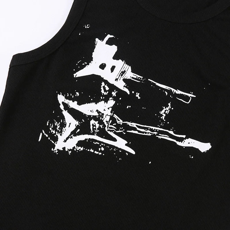 Guitar Print Sleeveless Tank Top Y2K Casual Ribbed Women Grunge Crop Top Harajuku Fashion Vest Tee 90s Street Outfits