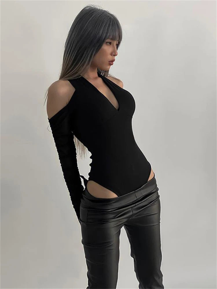 Vintage Off Shoulder Hollow-out Slim Bodycon Jumpsuit Sexy V-neck Y2K Halter Long Sleeve Body Tops Club Outwear Bodysuits Women