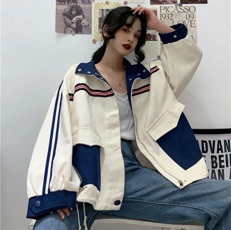 Patchwork Jacket Women American Loose Streetwear Blue and White Zipper Clothes Casual Chic Long Sleeve Harajuku Outwear