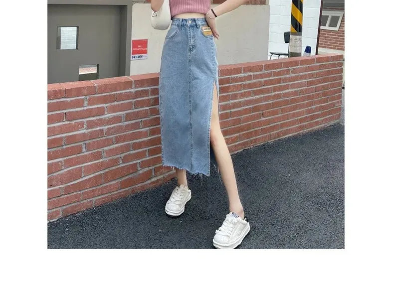 Mid-Length Denim Mini Skirt for Women High Waist Slimming Split Knee-Length Summer Trendy Cotton Half Body Skirts
