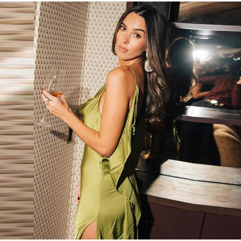 Elegant Green Satin Ruffles Sling Long Dress Women Sexy Backless Sleeveless Split Slim Dresses Lady 2025 New Party Club Vestidos