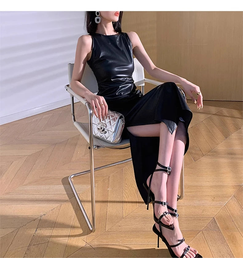 Lautaro Spring Autumn Sleeveless Backless Black Stretchy Blue Soft Faux Leather Midi Tank Dress Women Slim Fit Long Dresses 2023