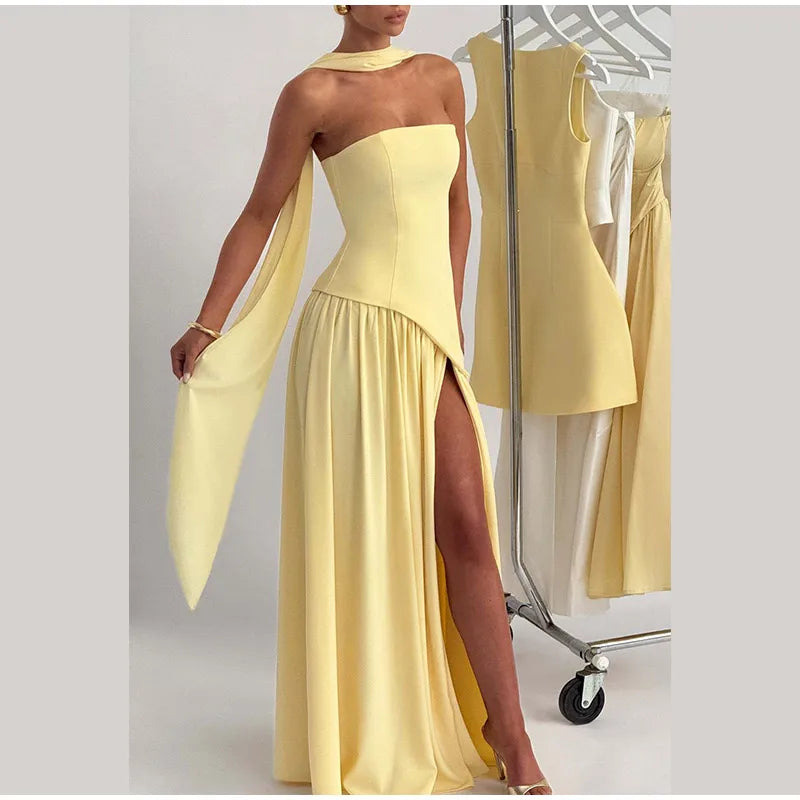 Butter Yellow Scarf Neck Split Long Dress Women Elegant Strapless Slim Fit High Waist Vestidos 2025 Lady Evening Party Gowns New