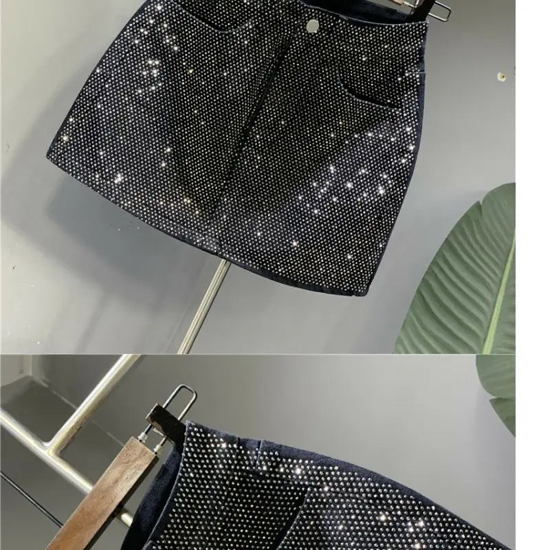 Heavy Industry Hot Drilling High-End Denim Skirt 2024 Spring And Summer New High Waist Pink Sexy A-Word Skirt