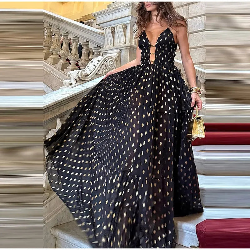 Retro Polk Dot Long Dress With Ribbon Women Sexy Low Cut Sleeveless Pleated Slim Evening Dresses Female Spring Chic Street Party