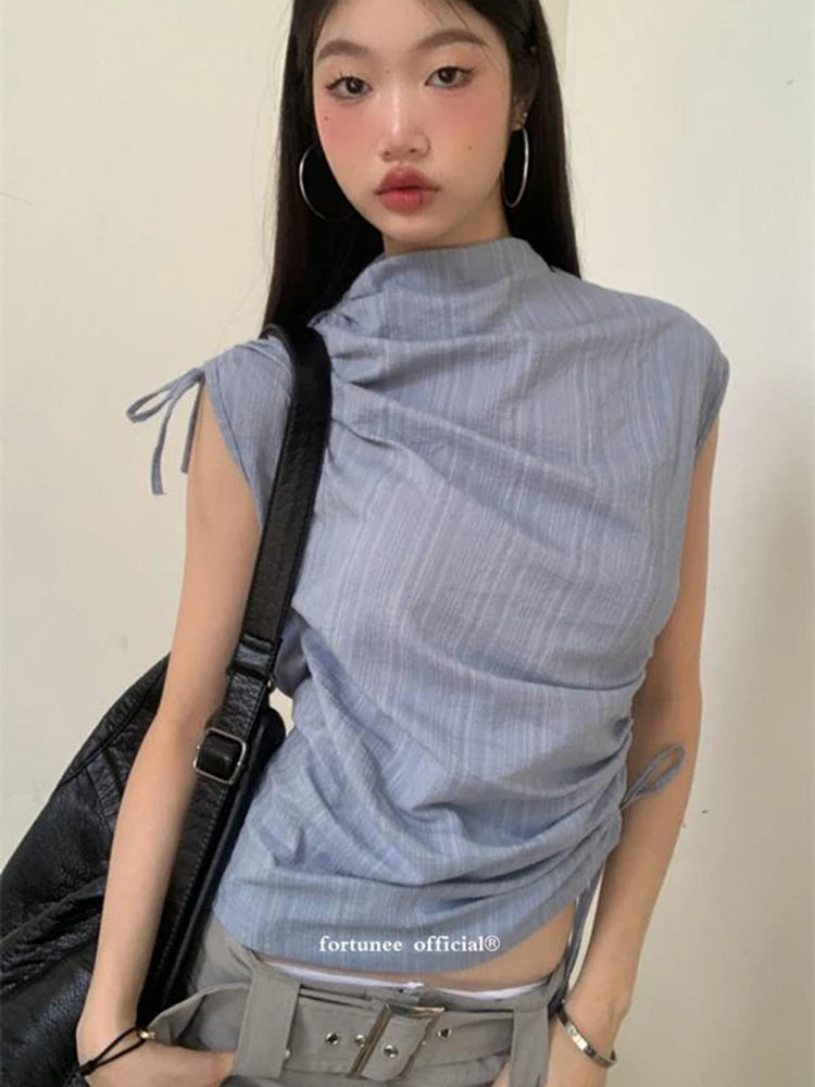 Zoki Streetwear Y2K Slim Tanks Women Shirring Vintage Casual Tops Summer Sleeveless Female Retro Half Turtleneck Harajuku Tanks