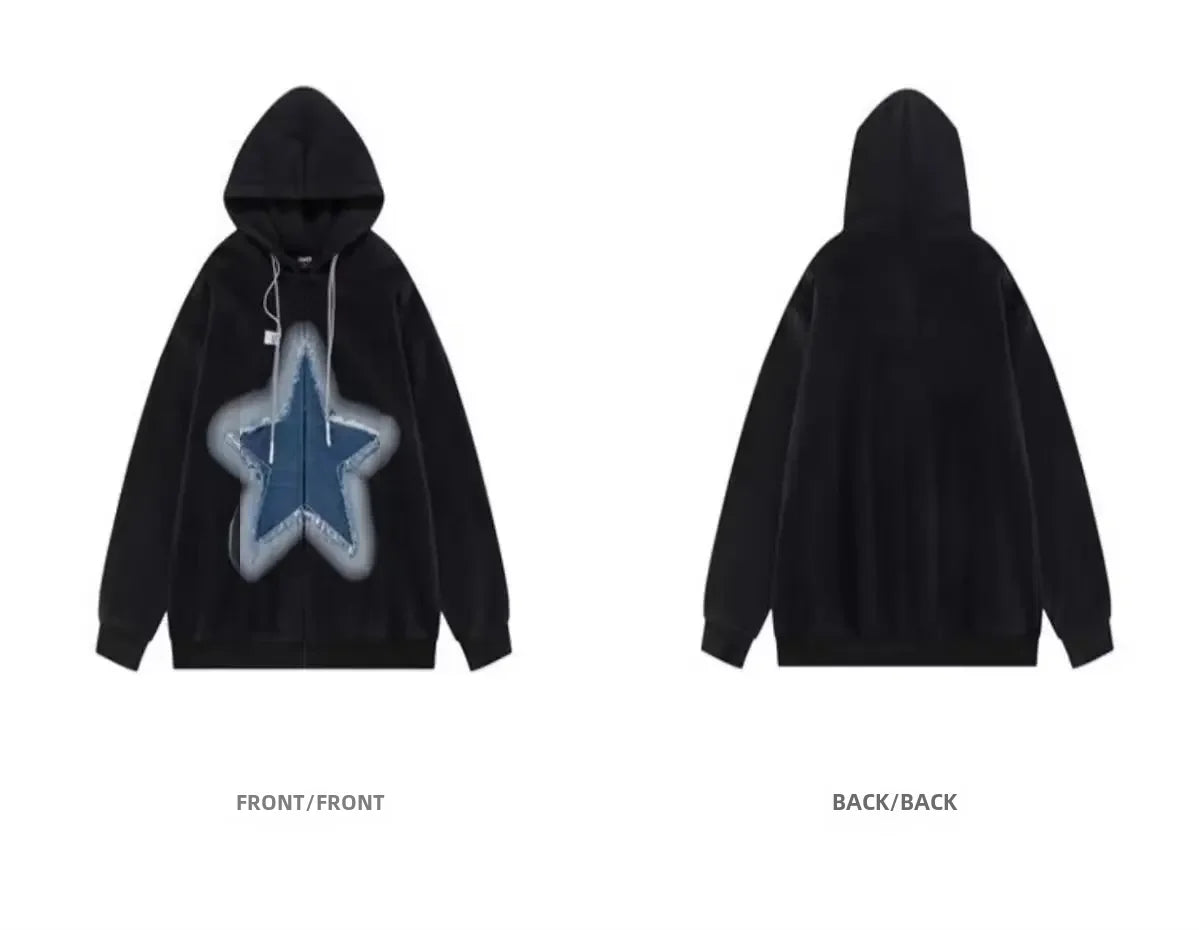Vintage Star Print Hooded Sweatshirt Unisex Loose Fit Fashion Jacket For Men Women Ideal For Couples
