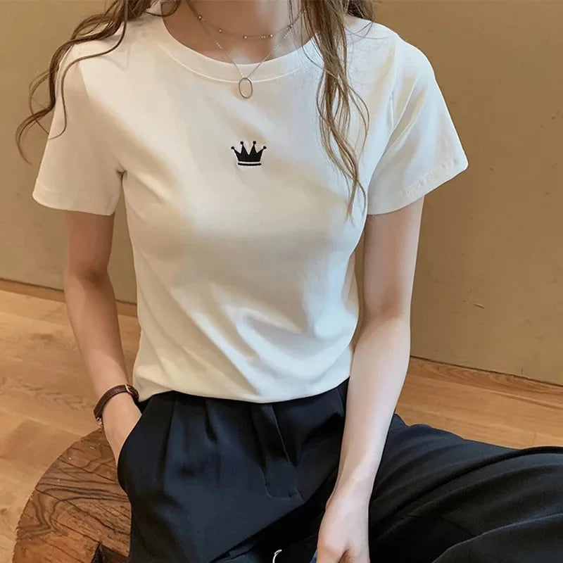 Fashionable Letter Embroidery Short Sleeve T-Shirt Women's Loose-Fit Summer New Style Slimming Base Layer Korean Version