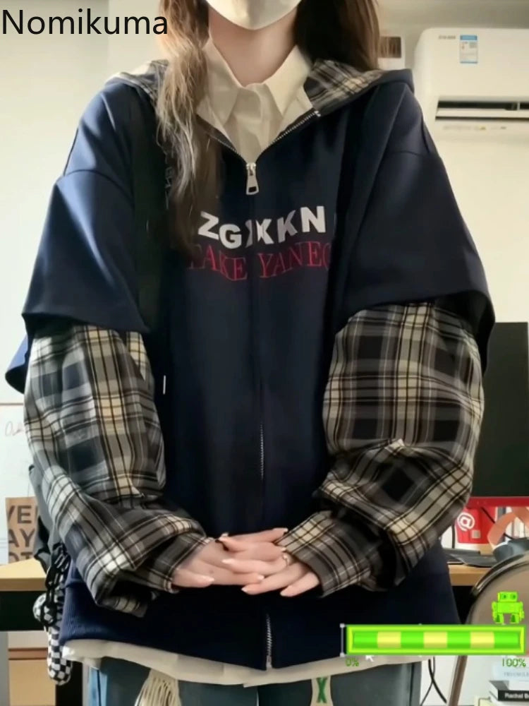 Patchwork Plaid Hoodies 2025 Women's Clothing Streetwear Fashion Sweatshirts Y2k Tops Thicked Hooded Casual Oversized Hoodie